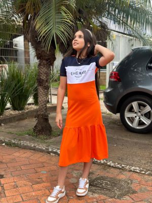 Vestido Infantil Criada com Propósito - Azul, branco e laranja