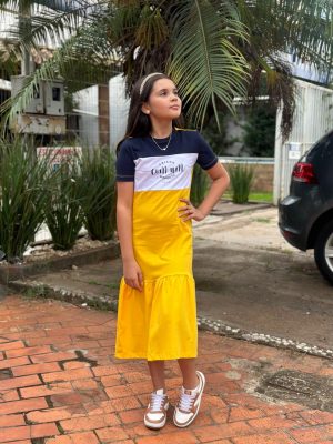Vestido Infantil Criada com Propósito - Azul, branco e Amarelo