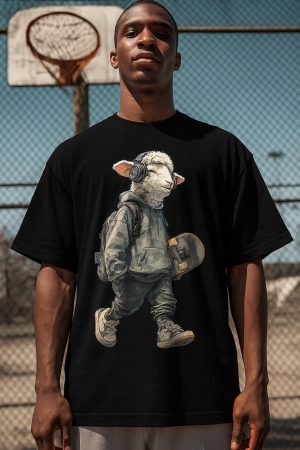 Camiseta Oversized Masculina Ovelha Fone - Preto