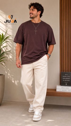 Camiseta Oversized Masculina Cruz Minimalista - Marrom