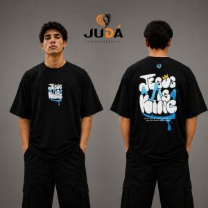 Camiseta Oversized Masculina Jesus Grafitado c/ Azul  - Preta