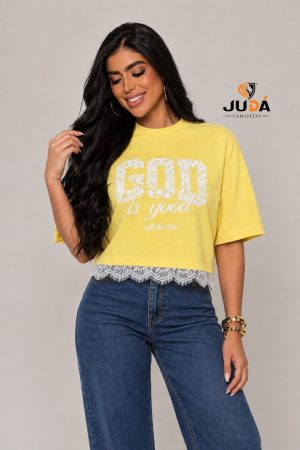 Blusa Oversized Feminina God Is Good Com Renda - Amarelo