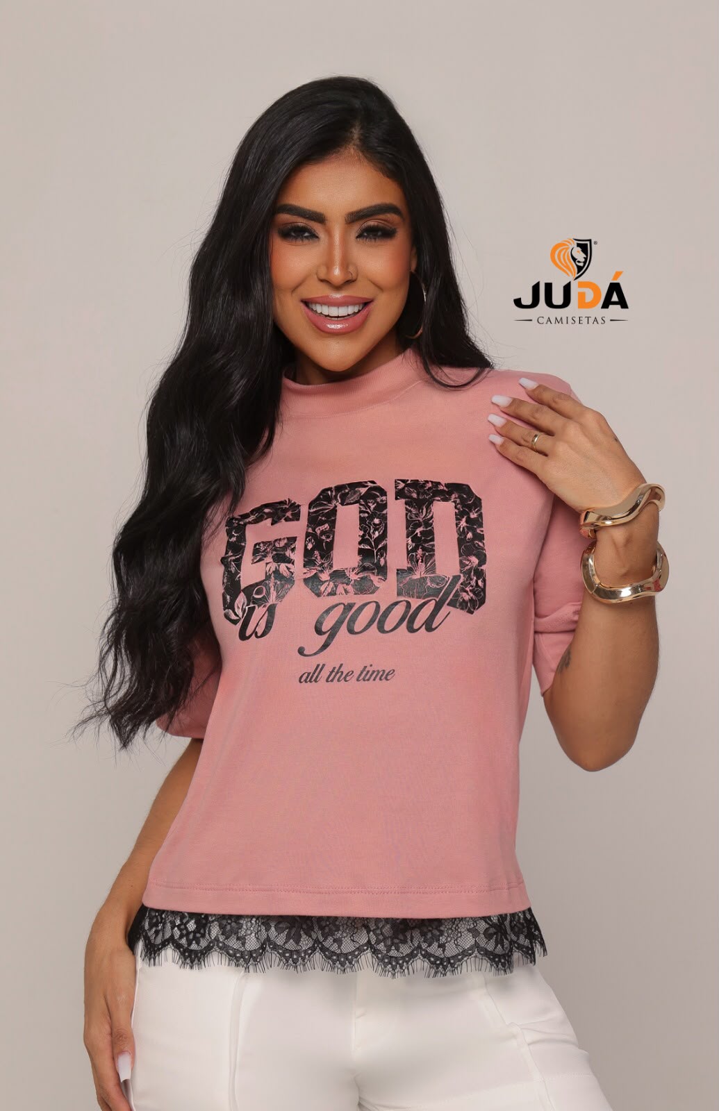Blusa Oversized Feminina God Is Good Com Renda – Rosa seco